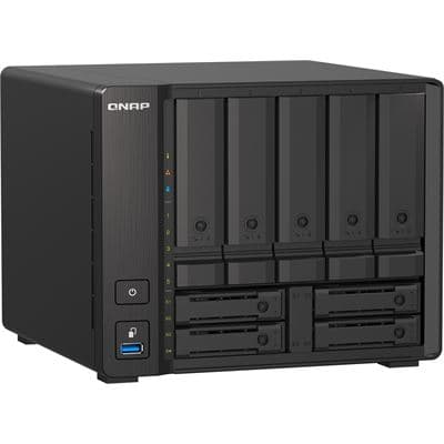 QNAP QNAP TS-h973AX-8G 9-bay NAS, AMD Ryzen V1500B 4C 8T 2.2GHz, 8GB DDR4 SODIMM (max. 64GB total, optional ECC RAM support), 5 x 2.5"/3.5" SATA 6Gbps + 2 x 2.5" U.2 NVMe PCIe Gen3 x4 / 2.5" SATA 6Gbps + 2 x 2.5" SATA 6Gbps drive bays. 2 x 2.5GbE, 1 x 10G TS-h973AX-8G