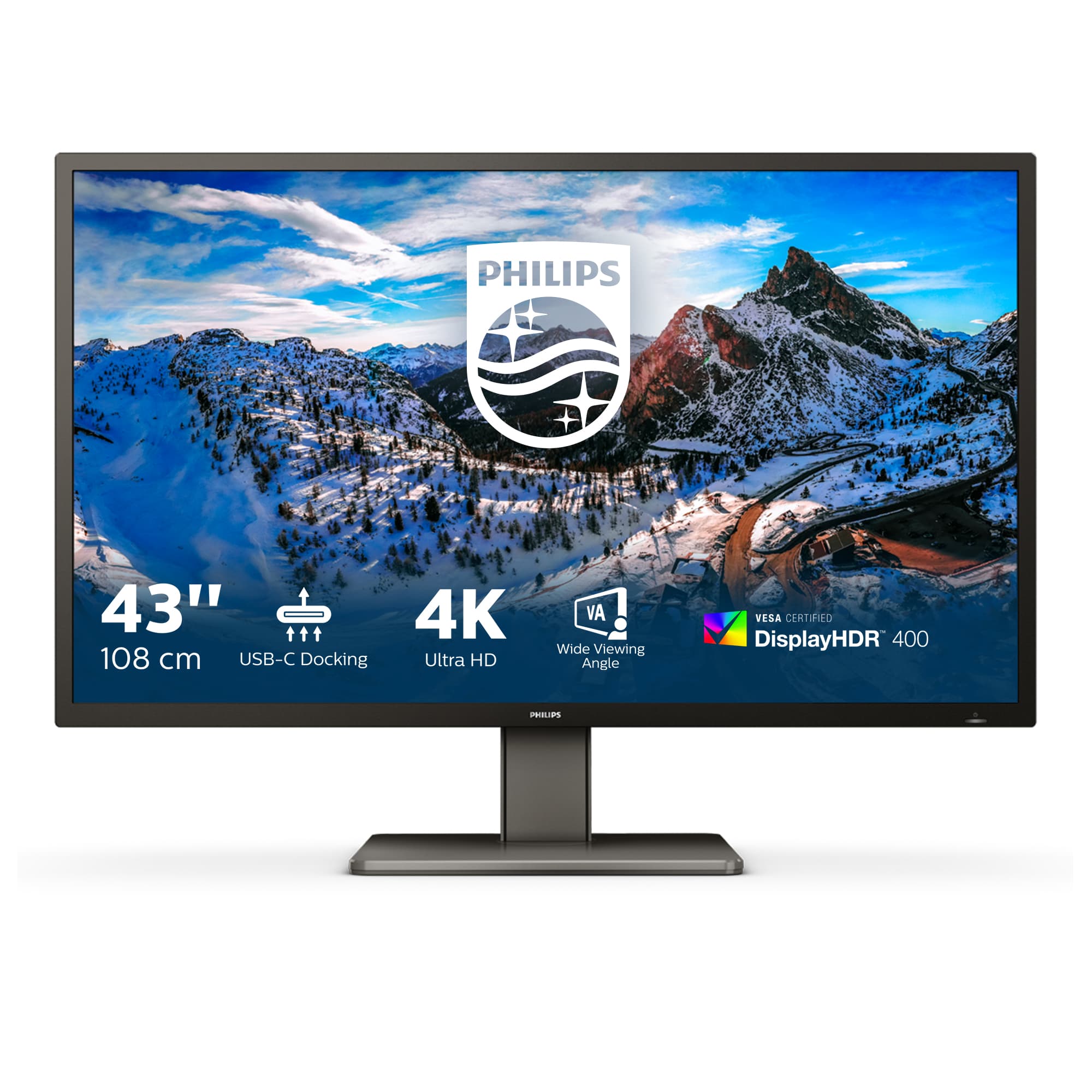 PHILIPS 439P1/75 43" 16:9 4K UHD LCD,60HZ,4MS,HDMI(2),DP,USB-C DOCK,RJ45,SPKR,H/ADJ,4YR