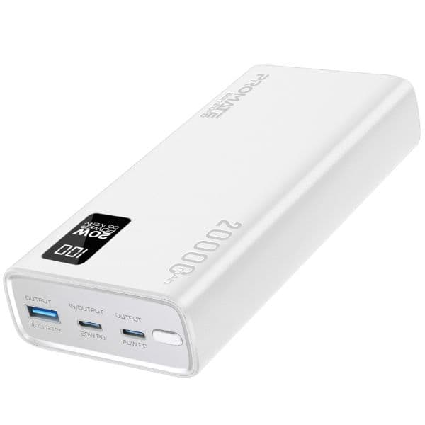 Promate 20000mAh Super Slim Smart Charging Power Bank 20W Dual USB-C & 1x 22.5W USB-A QC 3.0 BOLT-20PD-WHT