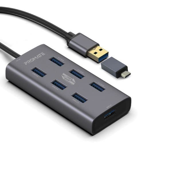 Promate Powered USB Hub W/ 7x USB 3.0 Ports Plus Add USB-C Adaptor Aluminium Alloy EZHUB-7-GRY