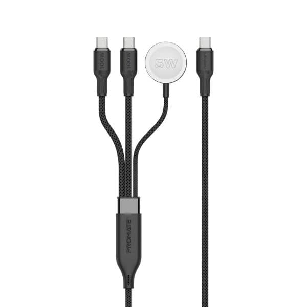 Promate 1.4m 100W High-Speed Multi Device Charging Cable W/ Apple Watch Charger. 2x 100W PD USBC FUSION-CCW-BLK