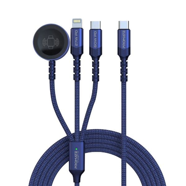 PROMATE 1.5M 5in1 Multi-Connector Charging Cable W/ Both USB-C & Lightning Connectors ICHARGE-TRIO-BLU