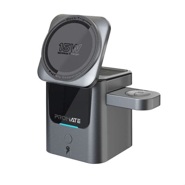 Promate 3-In-1 Ultra-Compact Auto-Fold 15W MagSafe Compatible Wireless Charging Station IDOCK-TRIO