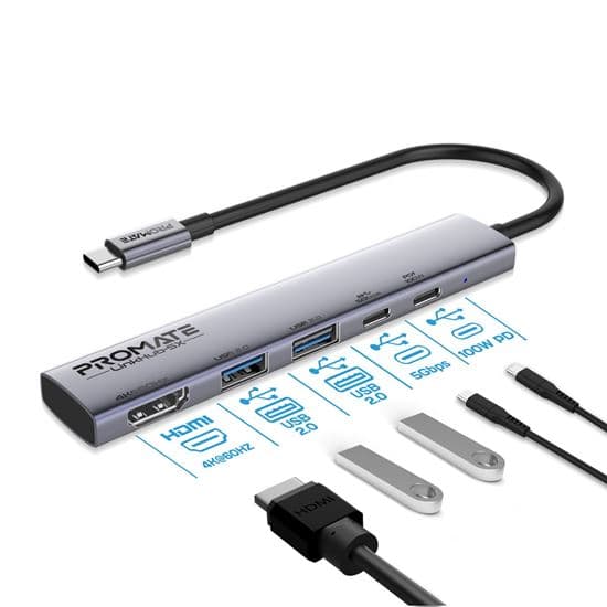 Promate PROMATE 5-in-1 Multi-Port 100W PD Compact Hub with USB-C Connector. LINKHUB-5X