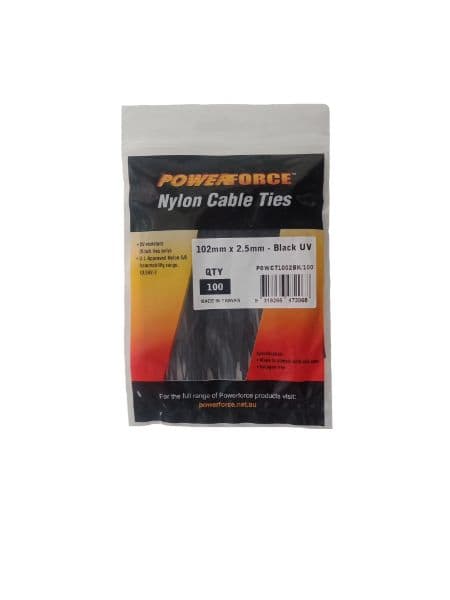 POWERFORCE 2.5 X 102mm Black UV Cable Ties Pack Of 100 8kgs Tensile Strength POWCT1002BK-100