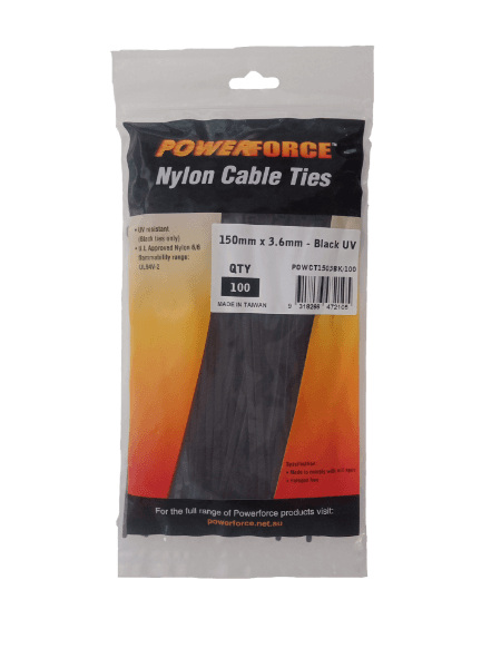 POWERFORCE 3.6 X 150mm Black UV Cable Ties Pack Of 100 18kgs Tensile Strength POWCT1503BK-100