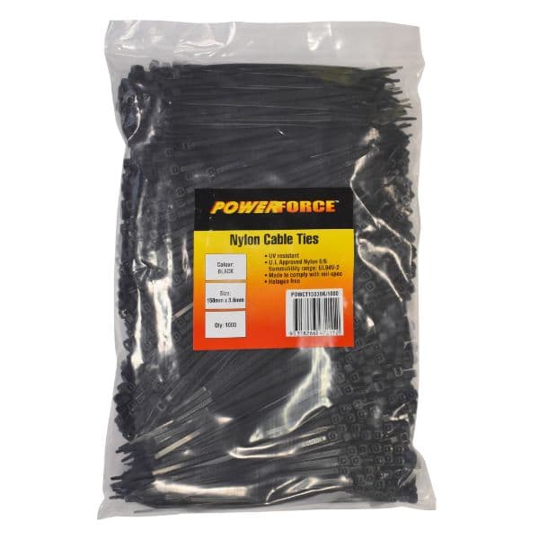 POWERFORCE 3.6 X 150mm Black UV Cable Ties Pack Of 1000 18kgs Tensile Strength POWCT1503BK-1000