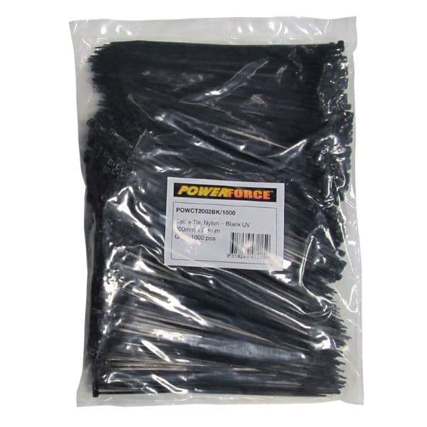 POWERFORCE 2.8 X 200mm Black UV Cable Ties Pack Of 1000 8kgs Tensile Strength POWCT2002BK-1000