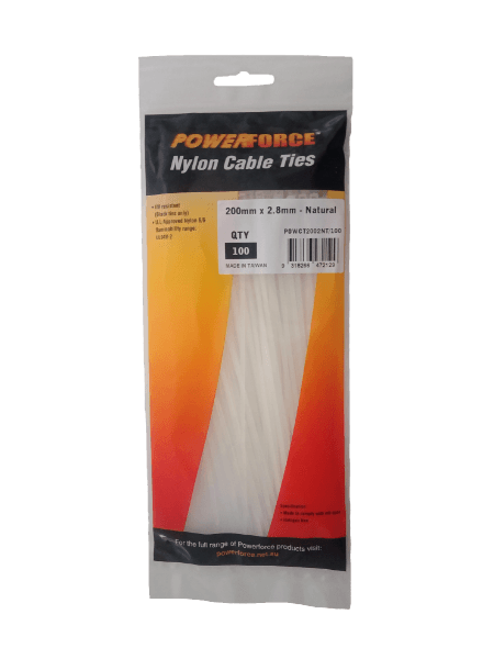 POWERFORCE 2.8 X 200mm Natural Cable Ties Pack Of 100 8kgs Tensile Strength POWCT2002NT-100