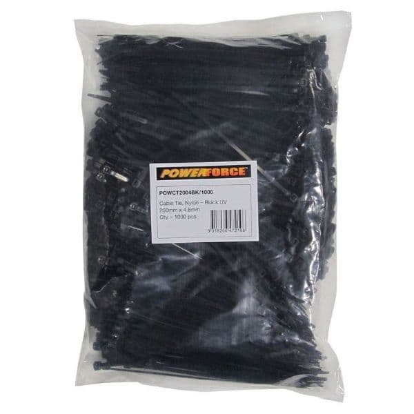 POWERFORCE 4.8 X 200mm Black UV Cable Ties Pack Of 1000 22kgs Tensile Strength POWCT2004BK-1000