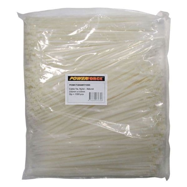 POWERFORCE 4.8 X 200mm Natural Cable Ties Pack Of 1000 22kgs Tensile Strength POWCT2004NT-1000