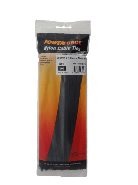 POWERFORCE 4.8 X 250mm Black UV Cable Ties Pack Of 100 22kgs Tensile Strength POWCT2504BK-100