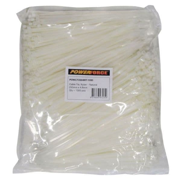 POWERFORCE 4.8 X 250mm Natural Cable Ties Pack Of 1000 22kgs Tensile Strength POWCT2504NT-1000