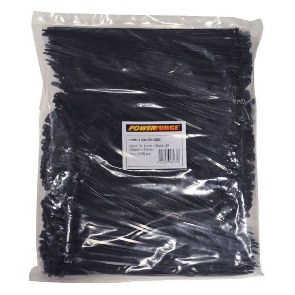 POWERFORCE 4.8 X 300mm Black UV Cable Ties Pack Of 1000 22kgs Tensile Strength POWCT3004BK-1000