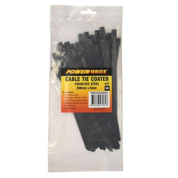 POWERFORCE 8 X 200mm 316L Stainless Steel Cable Ties Pack Of 50 1335N/136kgs Tensile Strength POWCTSS2008-50
