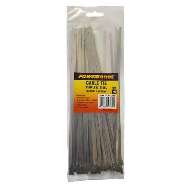 POWERFORCE 4.6 X 300mm 316L Stainless Steel Cable Ties Pack Of 100 667N/68kgs Tensile Strength POWCTSS3004-100