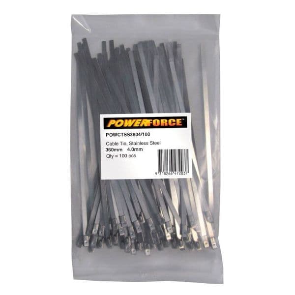 POWERFORCE 4.6 X 360mm 316L Stainless Steel Cable Ties Pack Of 100 667N/68kgs Tensile Strength POWCTSS3604-100