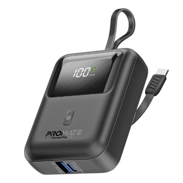 Promate 10000mAh Ultra Compact 35W SuperSpeed Power Bank Built-In USB-C & Lightning Cables. 35W POWERPOD-10-BLK