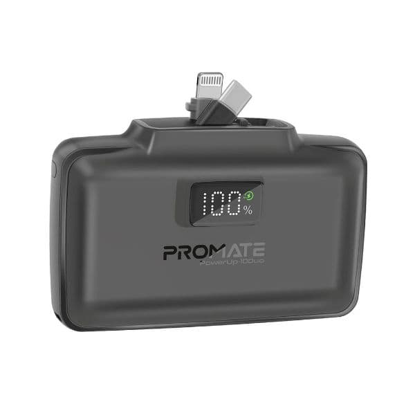 Promate 10000mAh Ultra-Compact Fast Charging Power Bank In-Built Dual Folding USB-C & Lightning POWERUP-10DUO-BL