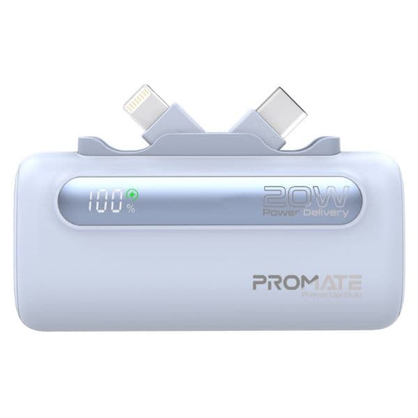 Promate 5000mAh Ultra-Compact Fast Charging Power Bank In-Built Dual Folding USB-C & Lightning POWERUP-DUO-BL