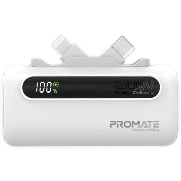 Promate 5000mAh Ultra-Compact Fast Charging Power Bank In-Built Dual Folding USB-C & Lightning POWERUP-DUO-WHT