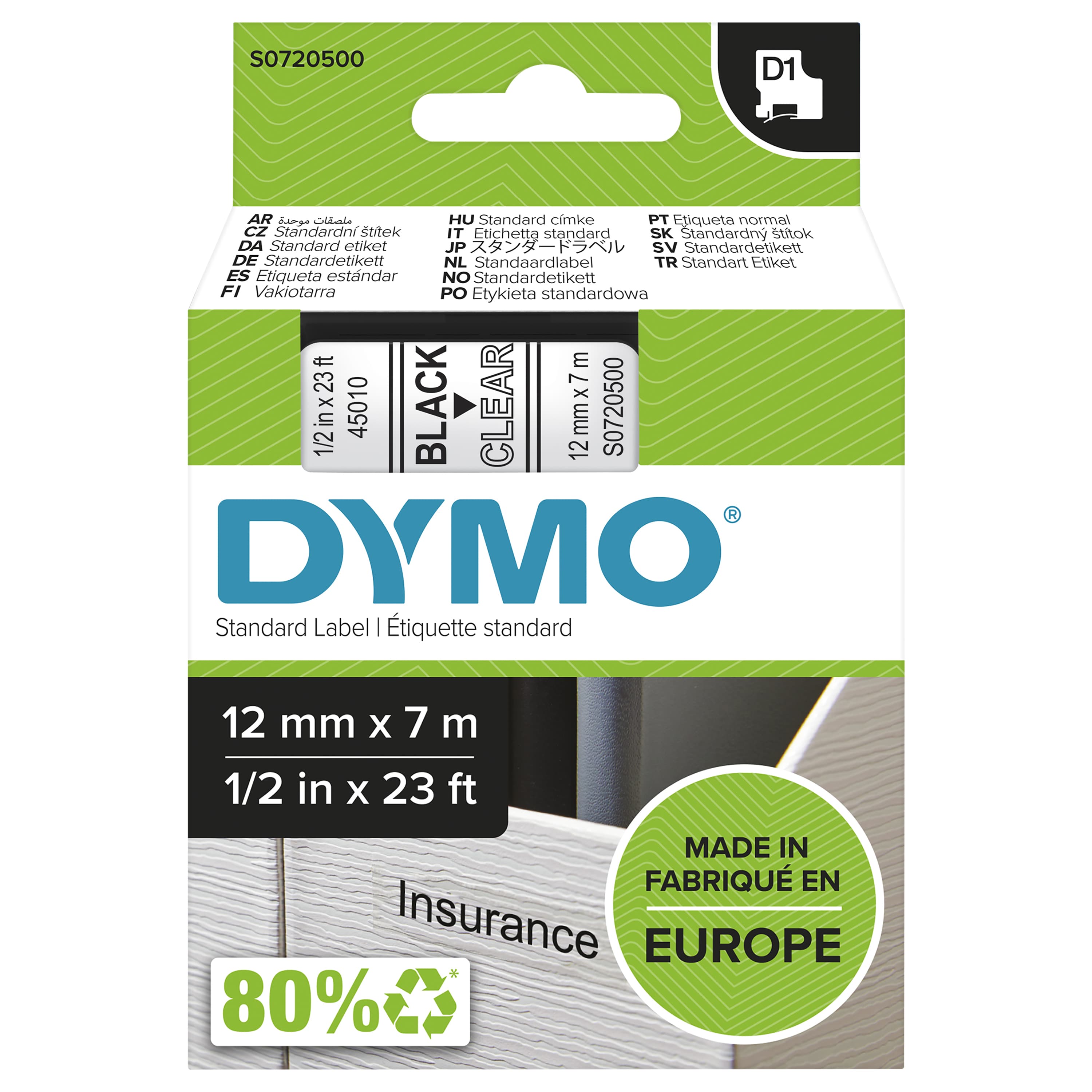 DYMO DYMO Genuine D1 Label Cassette Tape 12mm x 7M Black on Clear. Suitable for the LabelManager (S0720500) S0720500