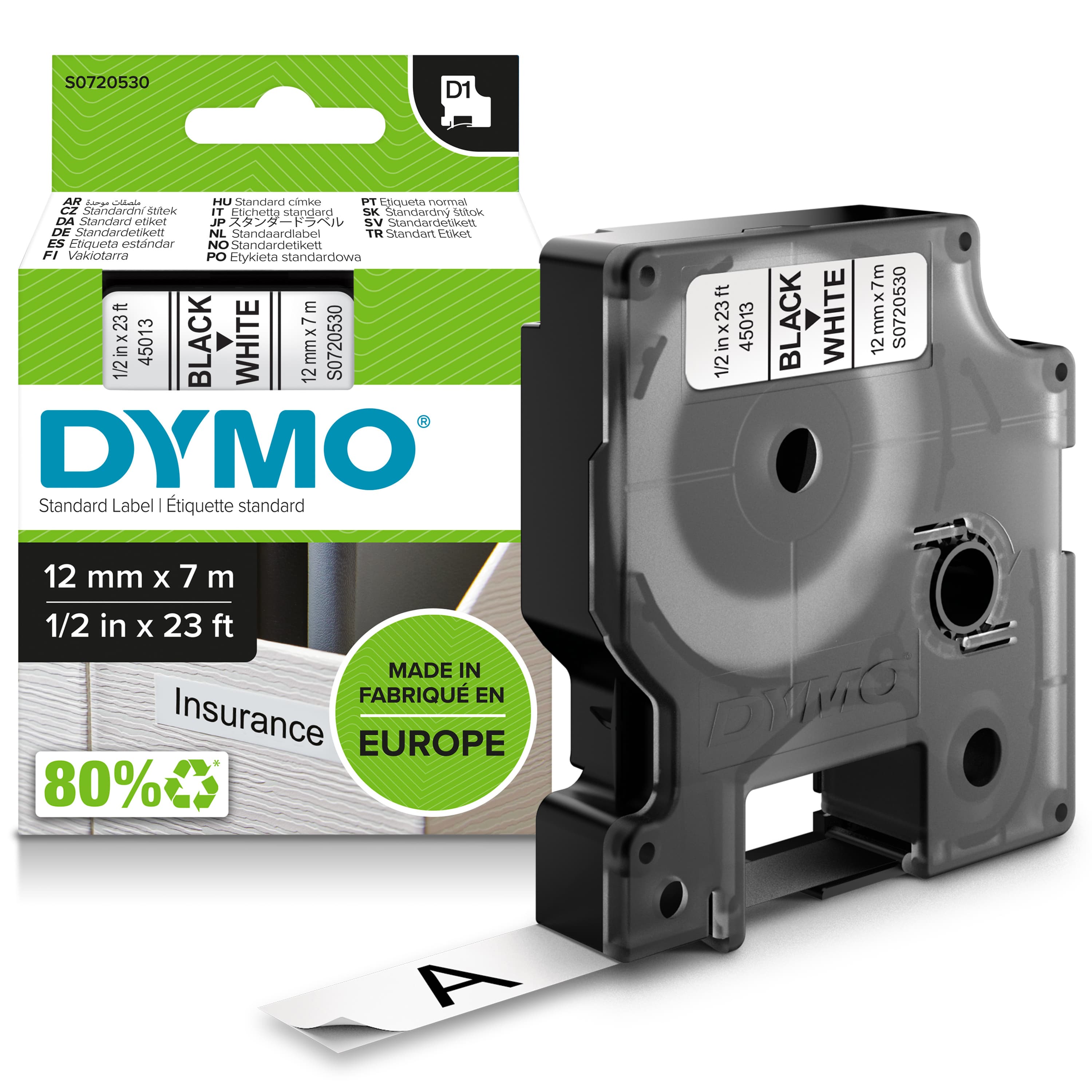 DYMO DYMO Genuine D1 Label Cassette Tape 12mm x 7m BLACK ON WHITE (S0720530) S0720530