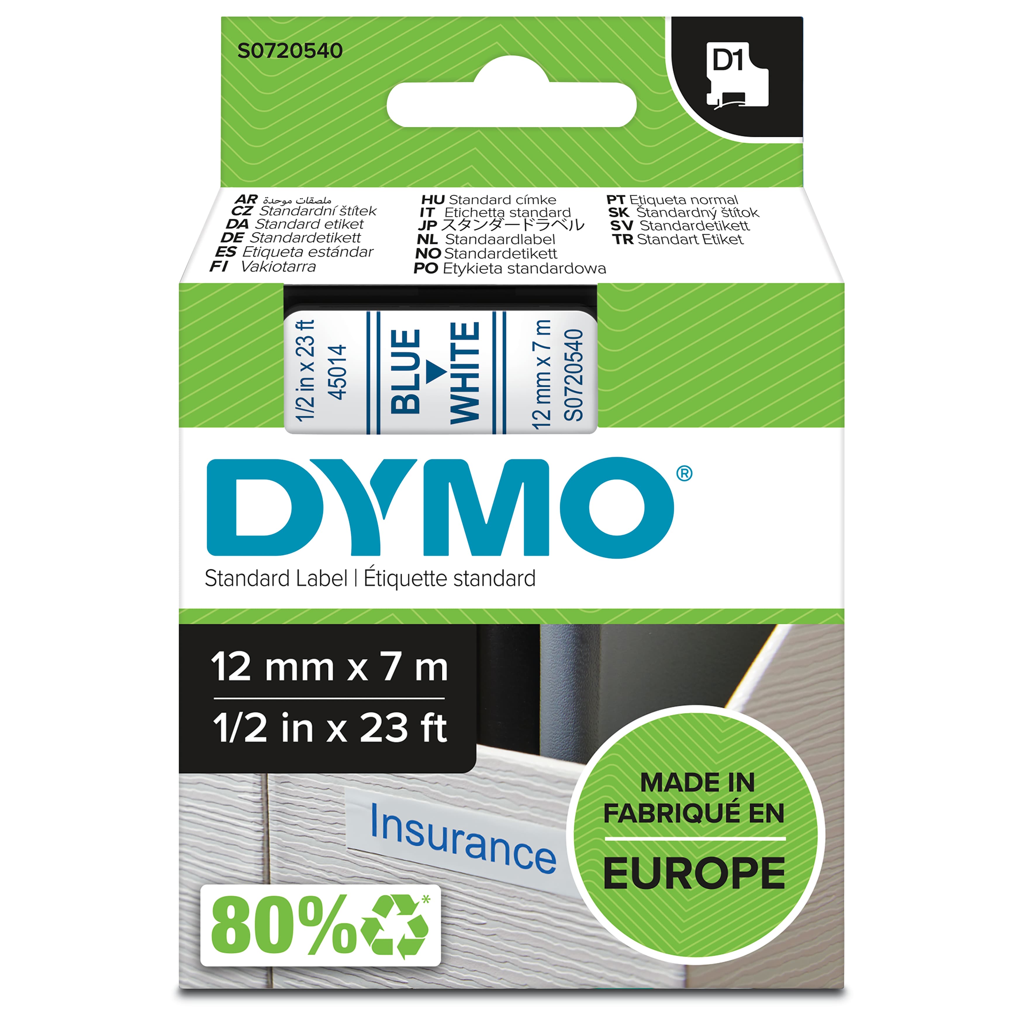 DYMO DYMO Genuine D1 Label Cassette Tape 12mm x 7M Blue on White. Suitable for the Label Manage (S0720540) S0720540