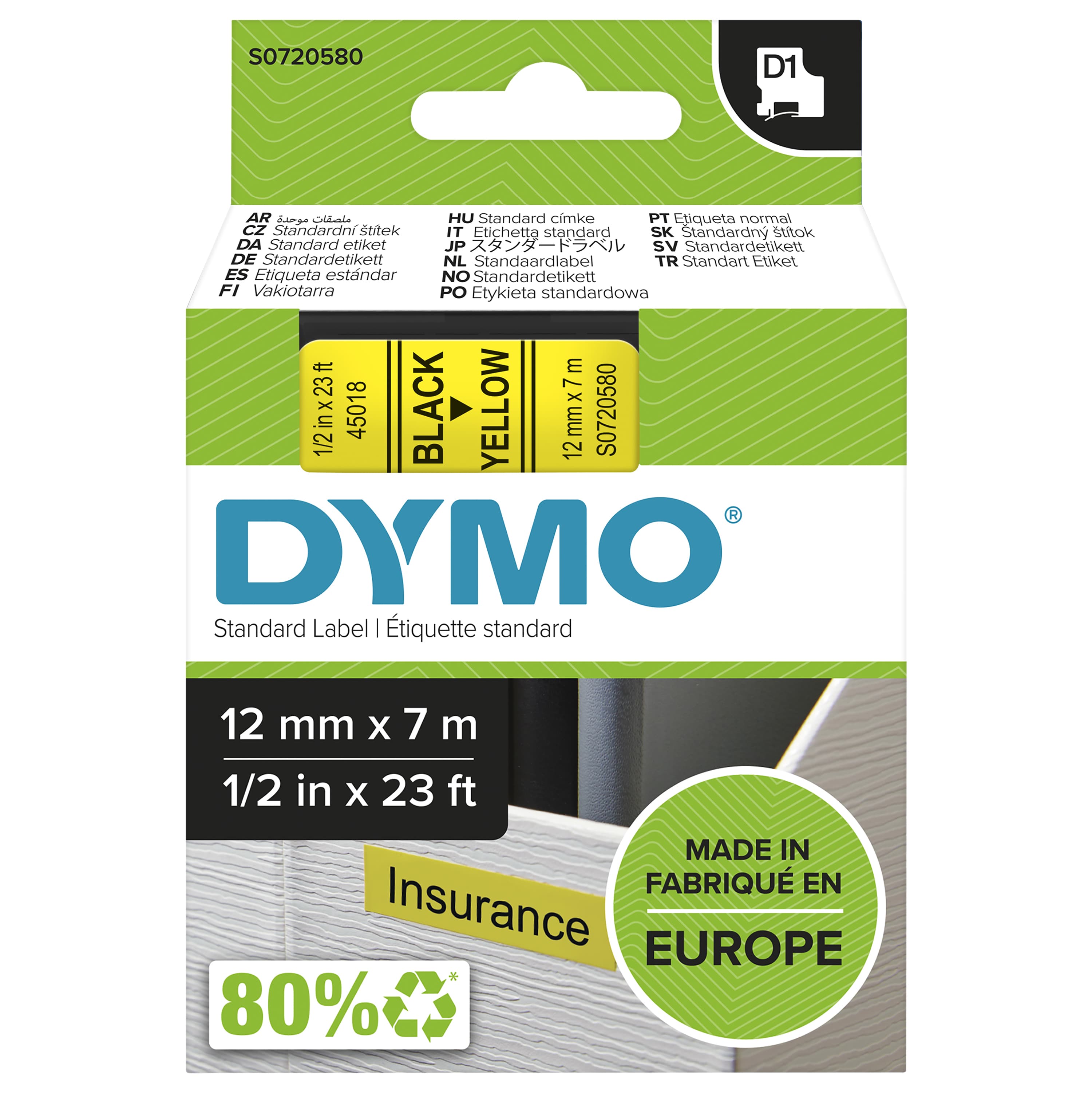 DYMO DYMO Genuine D1 Label Cassette Tape 12mm x 7M Black on Yellow Suitable for the Label Manage (S0720580) S0720580