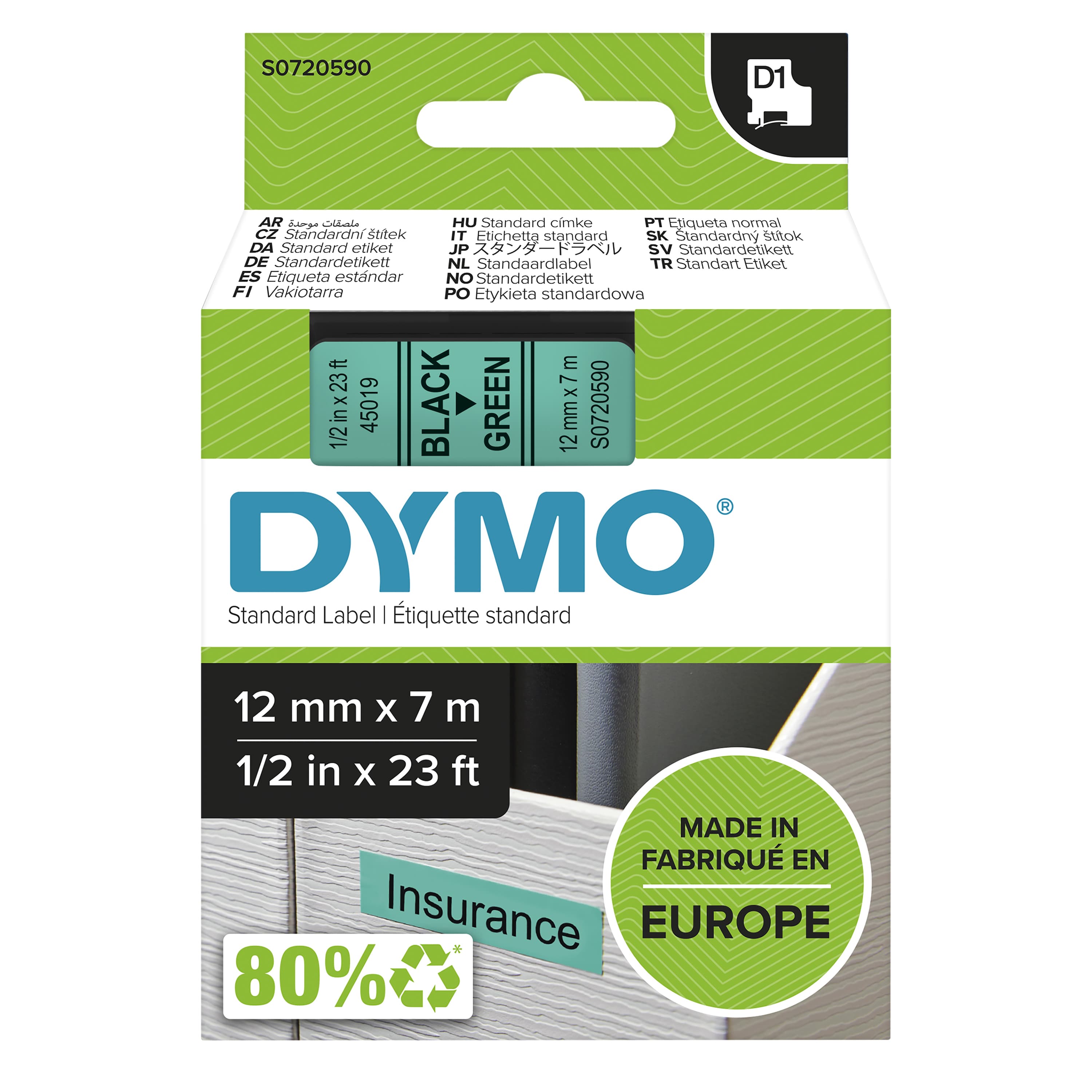 DYMO DYMO Genuine D1 Label Cassette Tape 12mm x 7M Black on Green Suitable for the Label Manage (S0720590) S0720590