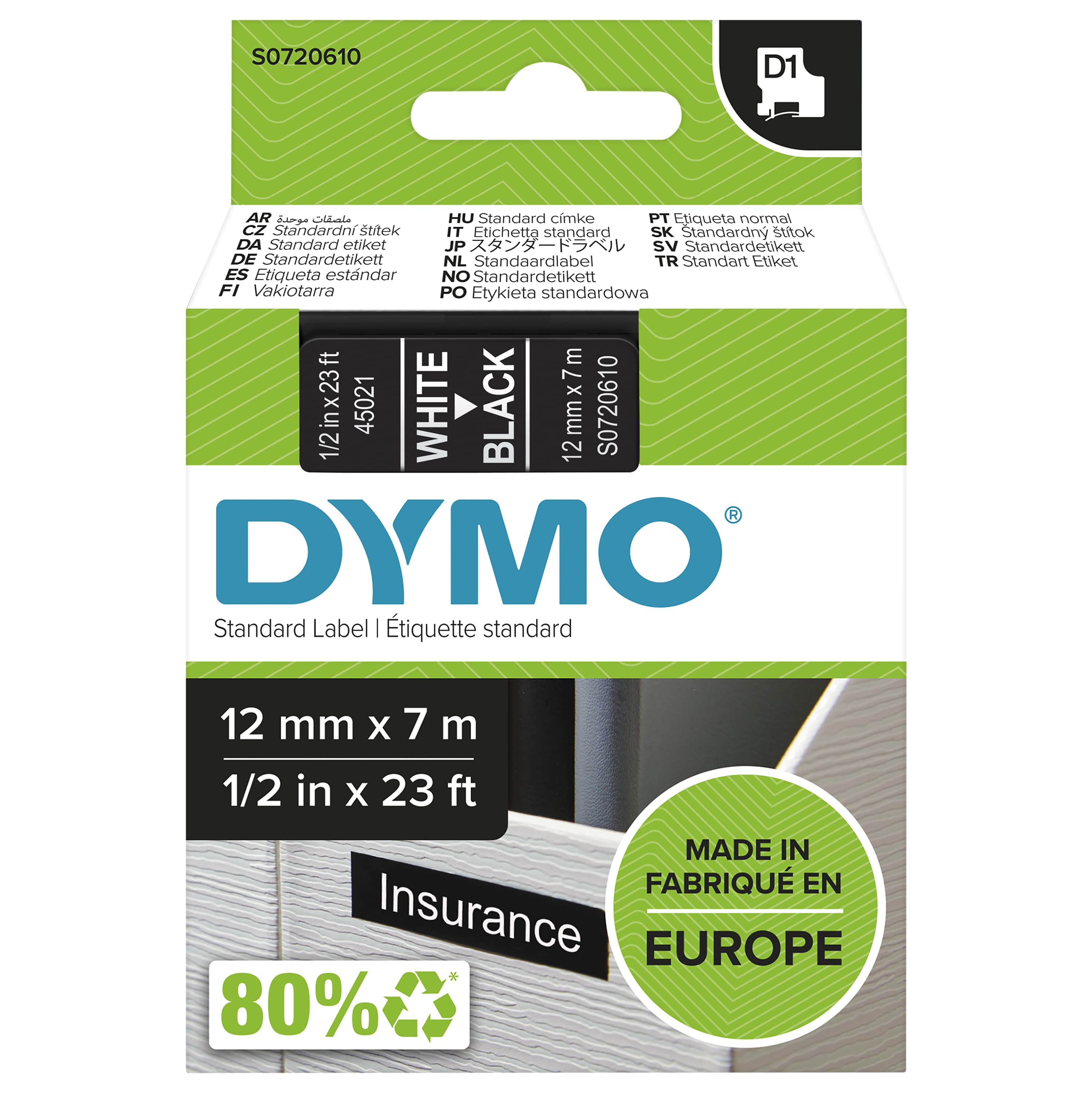 DYMO DYMO Genuine D1 Label Cassette Tape 12mm x 7M White on Black Suitable for the Label Manage (S0720610) S0720610