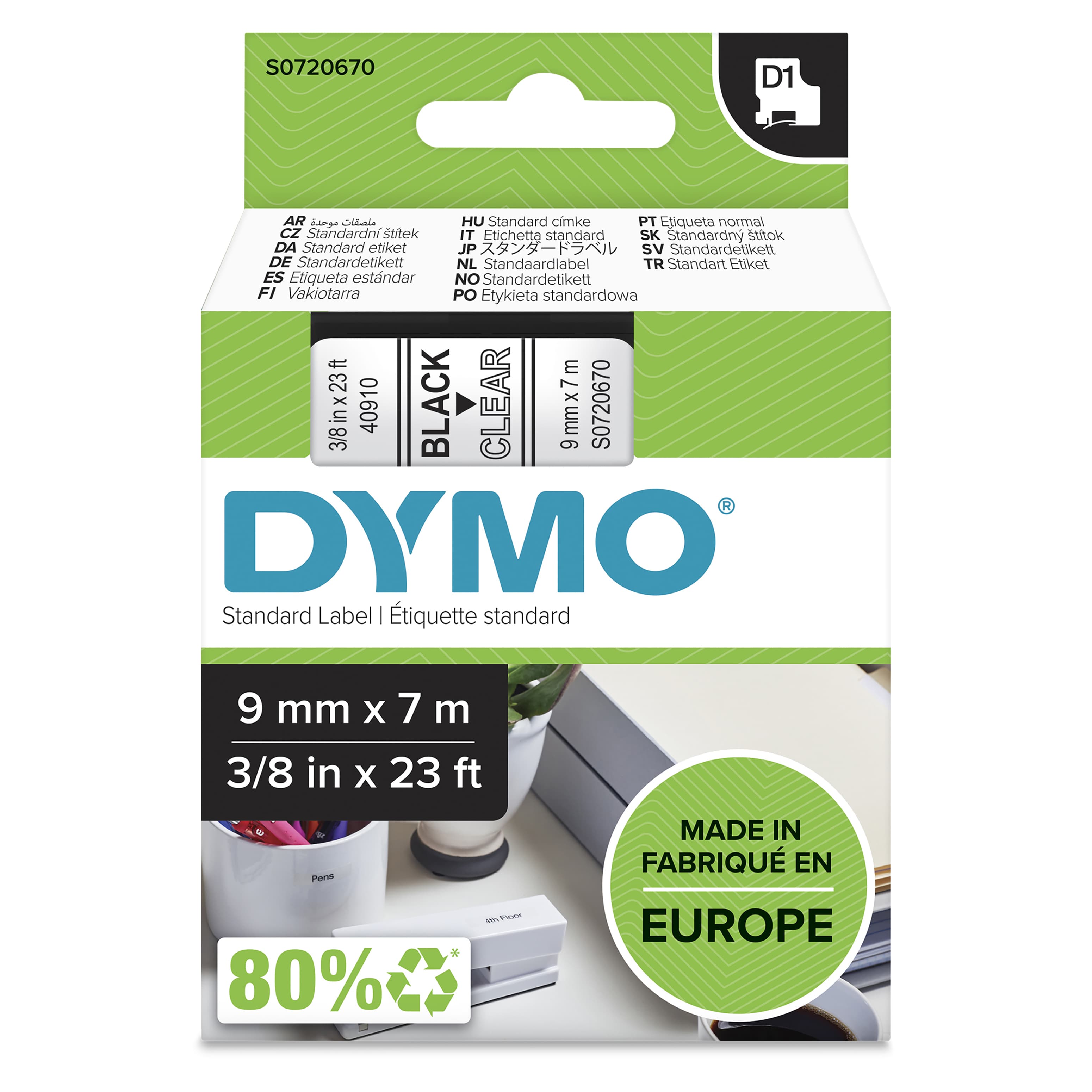 DYMO DYMO Genuine D1 Label Cassette Tape 9mm x 7M Black on Clear Suitable for the Label Manage (S0720670) S0720670
