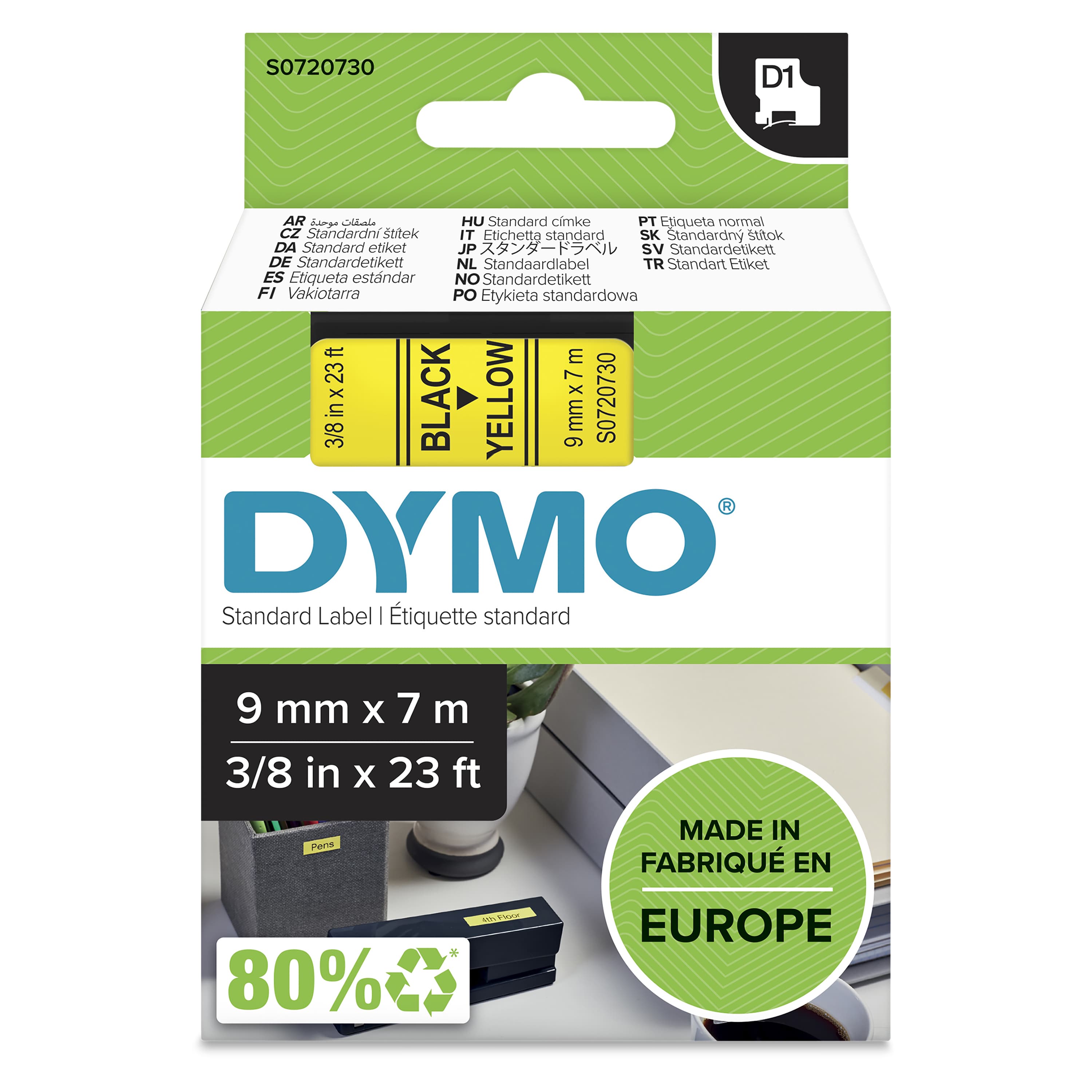 DYMO DYMO Genuine D1 Label Cassette Tape 9mm x 7M Black on Yellow Suitable for the Label Manager (S0720730) S0720730
