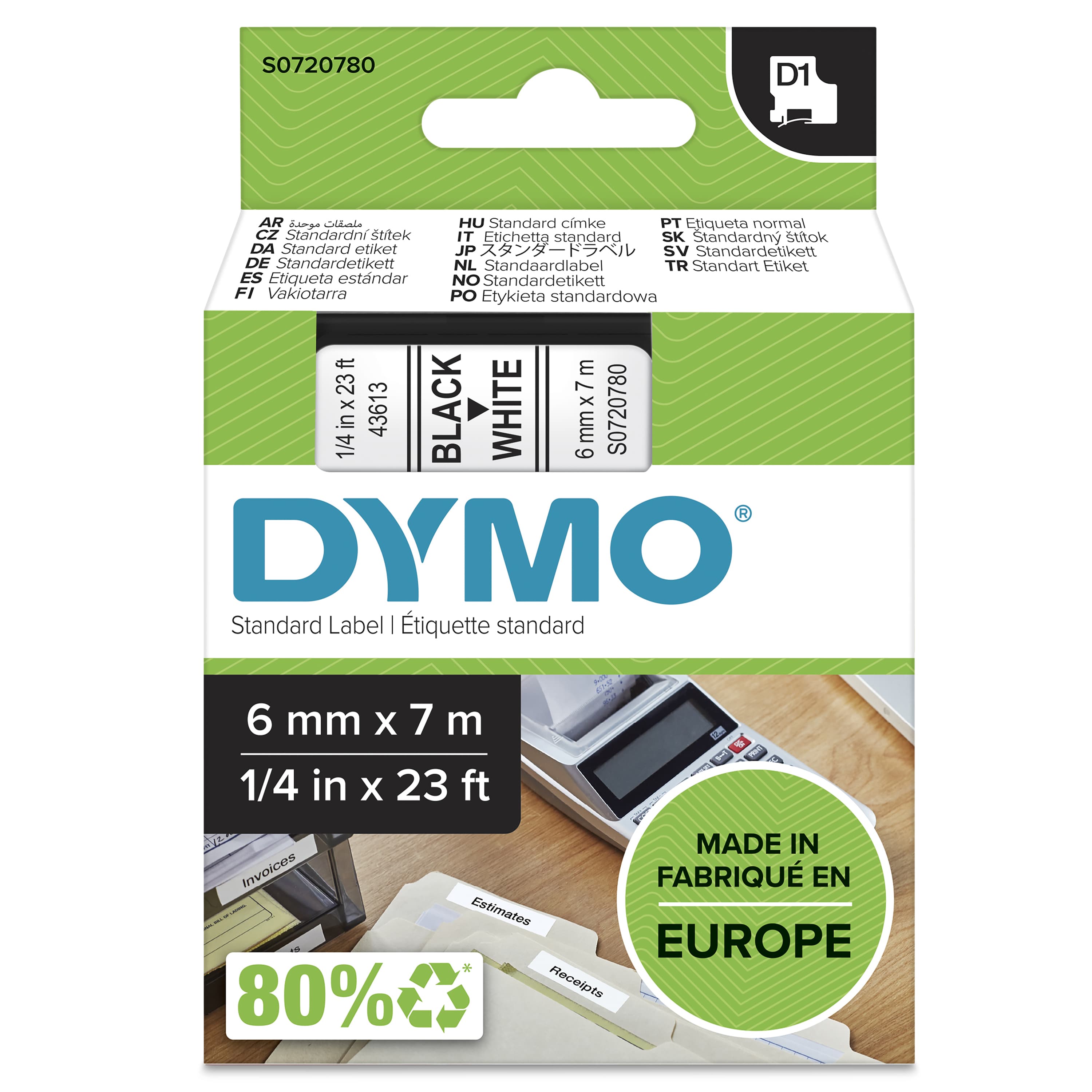 DYMO DYMO Genuine D1 Label Cassette Tape 6mm x 7M Black on White Suitable for the Label Manager (S0720780) S0720780