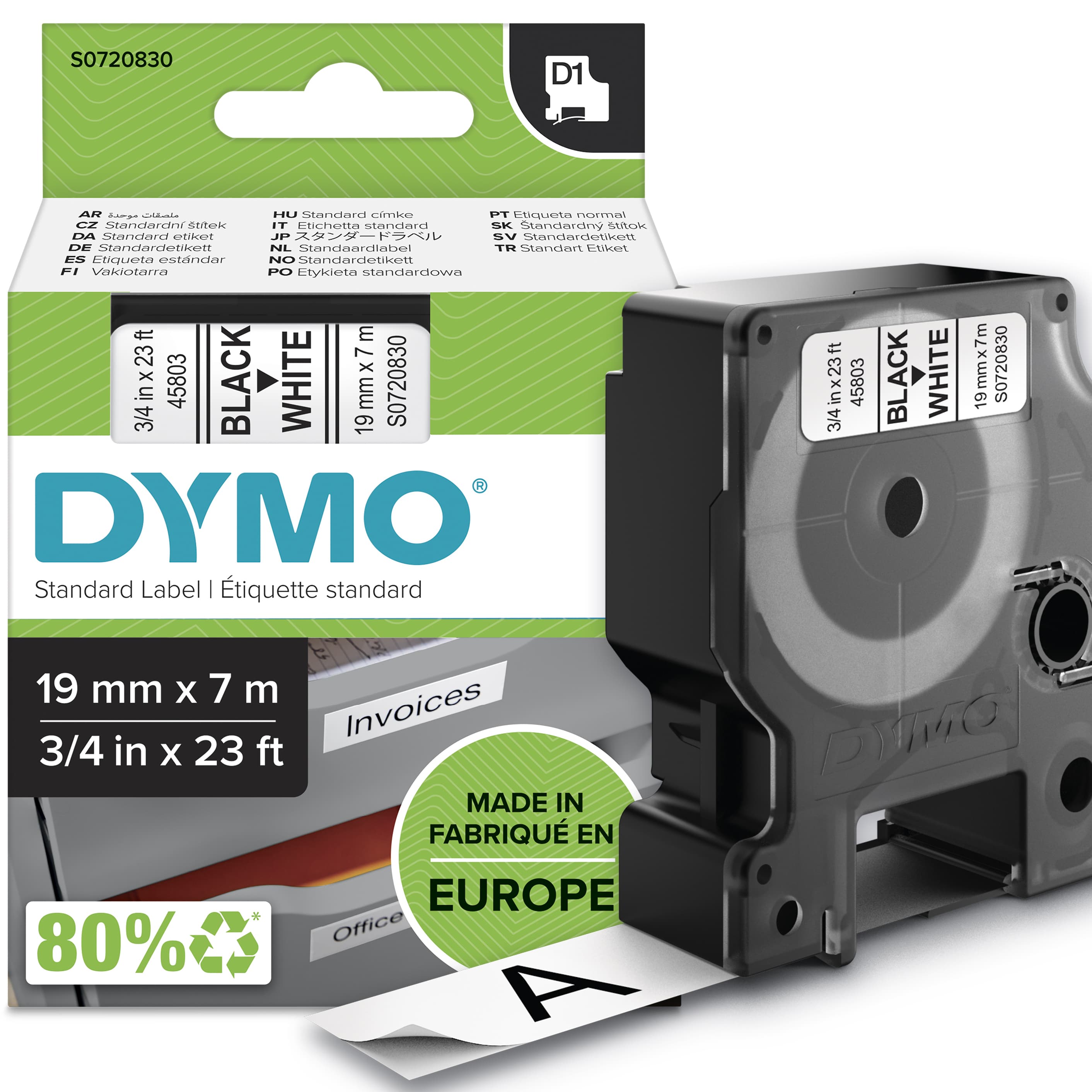 DYMO DYMO Genuine D1 Label Cassette Tape 19mm x 7M Black on White Suitable for the Label Manager (S0720830) S0720830