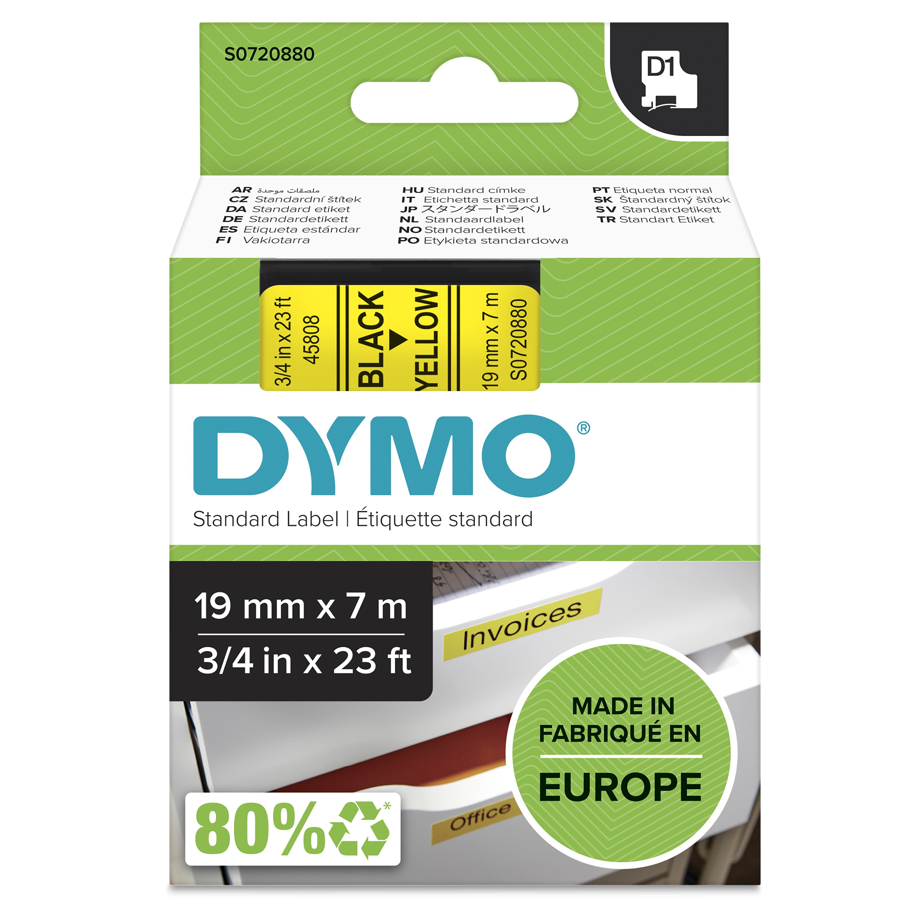 DYMO DYMO Genuine D1 Label Cassette Tape 19mm x 7M Black on Yellow Suitable for the Label Manager (S0720880) S0720880