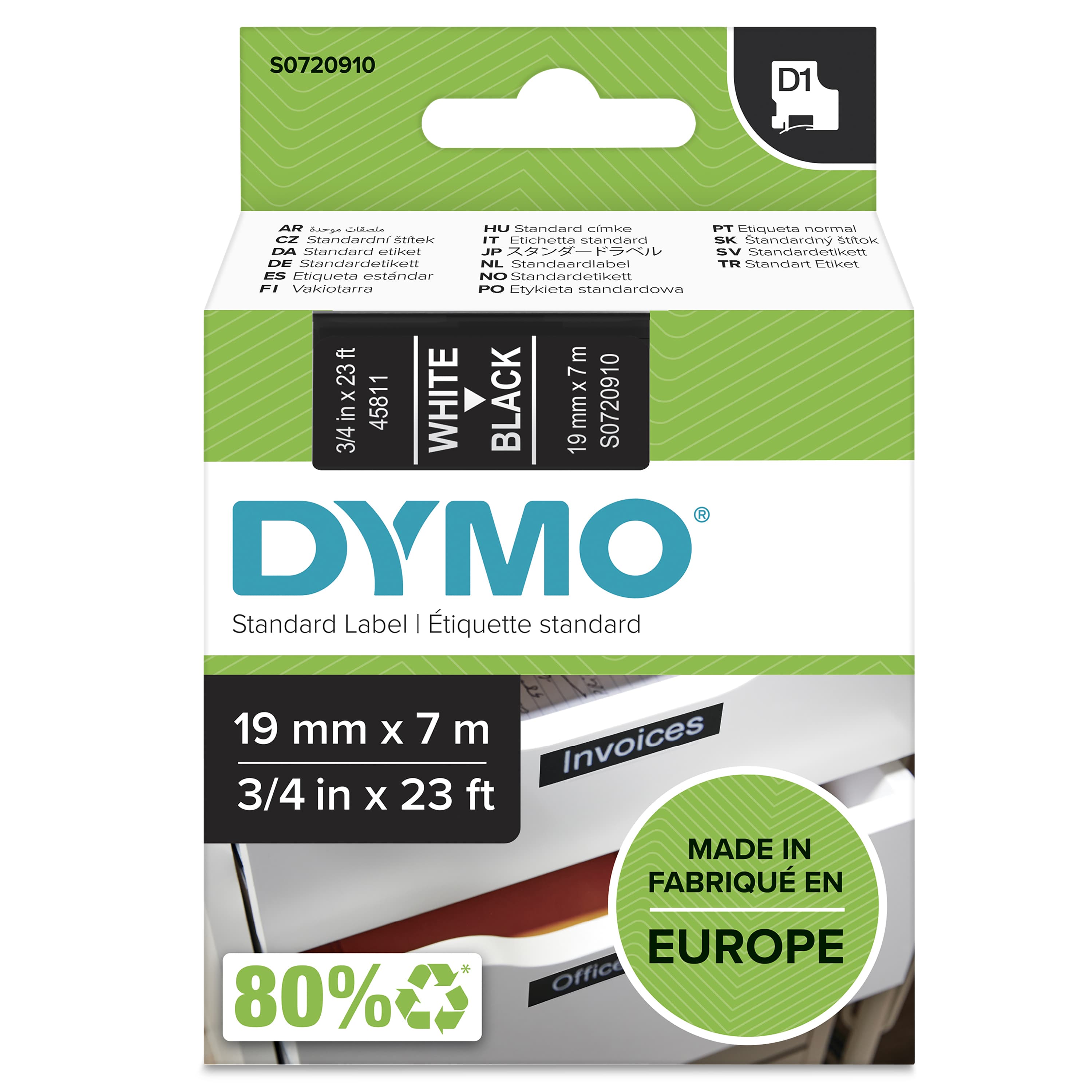 DYMO DYMO Genuine D1 Label Cassette Tape 19mm x 7M White on Black Suitable for the Label Manager (S0720910) S0720910