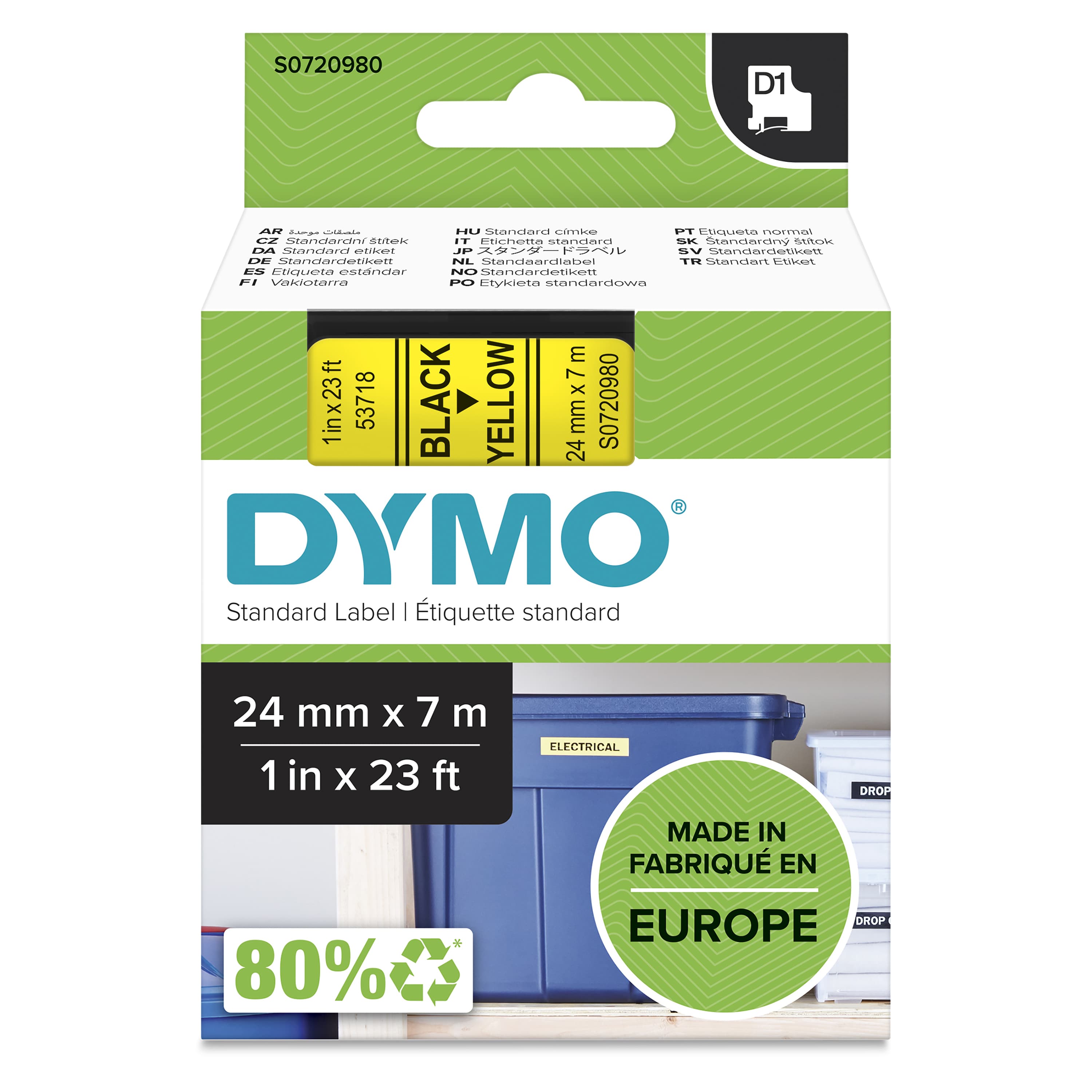 DYMO DYMO Genuine D1 Label Cassette Tape 24mm x 7M Black on Yellow Suitable for the Label Manager (S0720980) S0720980
