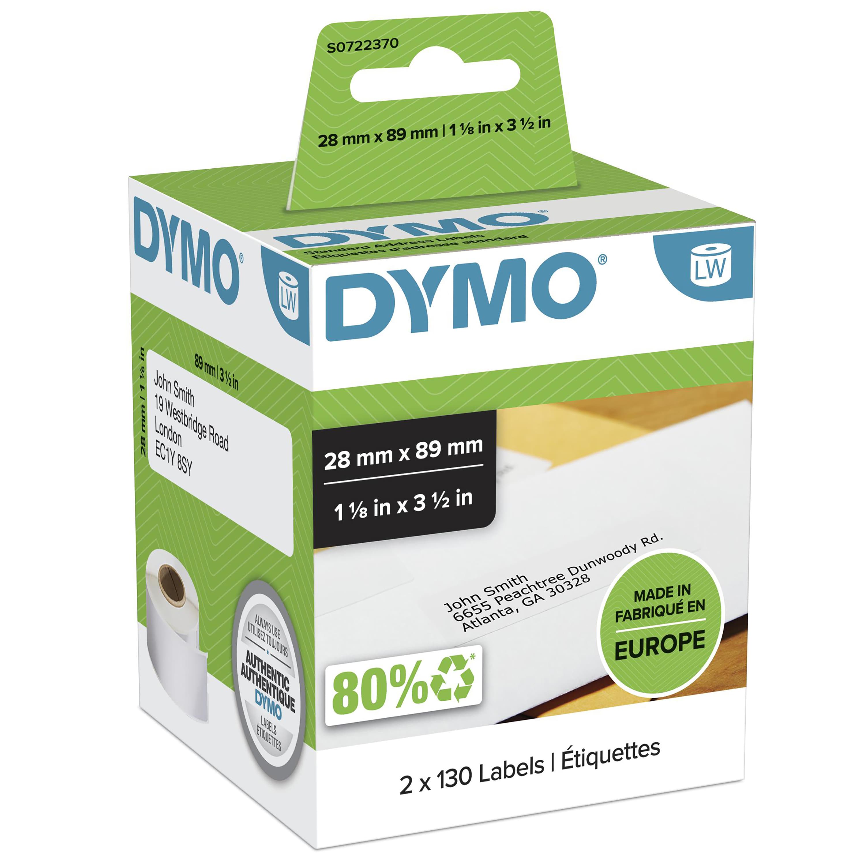 DYMO DYMO Genuine LabelWriter Address Labels (Self-Adhesive). 28mm x 89mm labels. Black on White (S0722370) S0722370