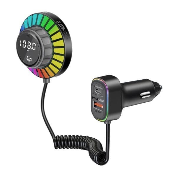 Promate RGB FM Transmitter W/ Handsfree & 30W PD & QC3.0 Includes 1.5m Extenstion Cord SMARTUNE-EXT