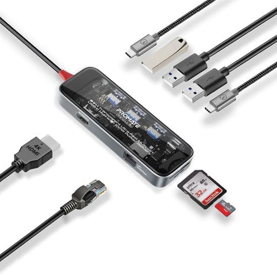 Promate PROMATE 9-in-1 USB Multi-Port Hub with USB-C Connector. Includes 100W TRANSHUB-GO