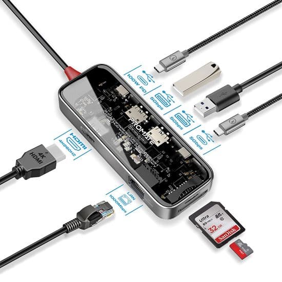 Promate PROMATE 8-in-1 USB Multi-Port Hub with USB-C Connector. Includes 100W TRANSHUB-MINI