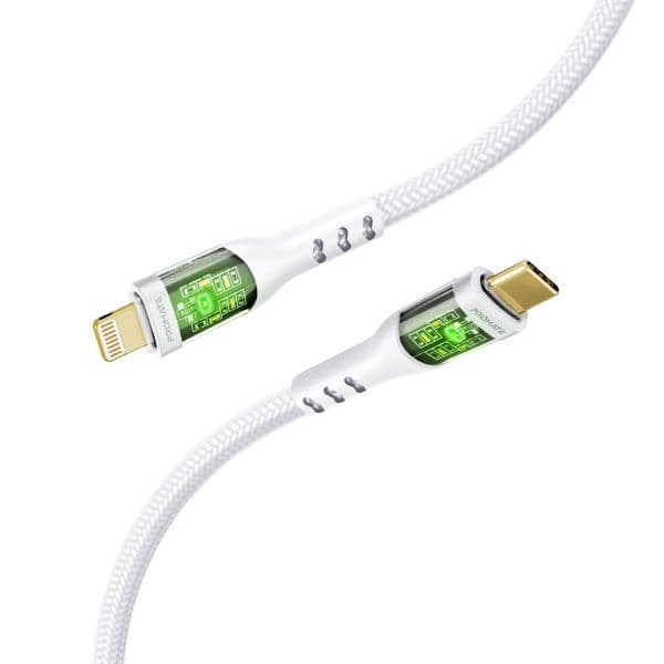 PROMATE 1.2m USB-C To Lightning Cable W/ Transparent Connectors & LED White TRANSLINE-CI-WHT