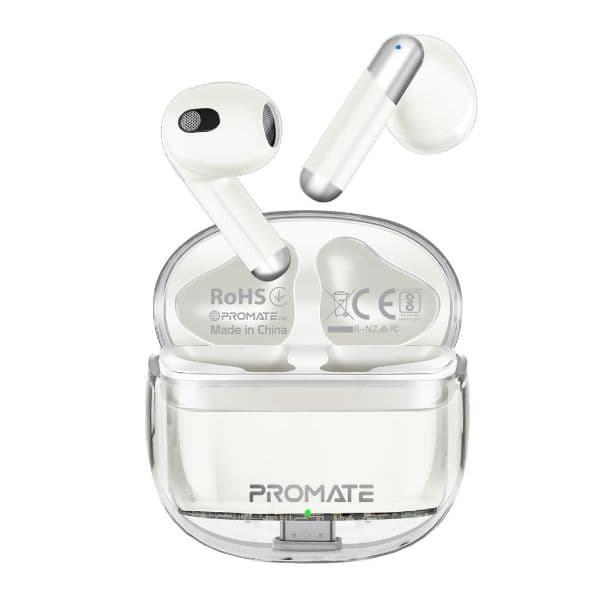 Promate In-Ear HD Bluetooth Earbud Intellitouch & 300mAh Charging Case. Ergonomic Fit TRANSPODS-WHT
