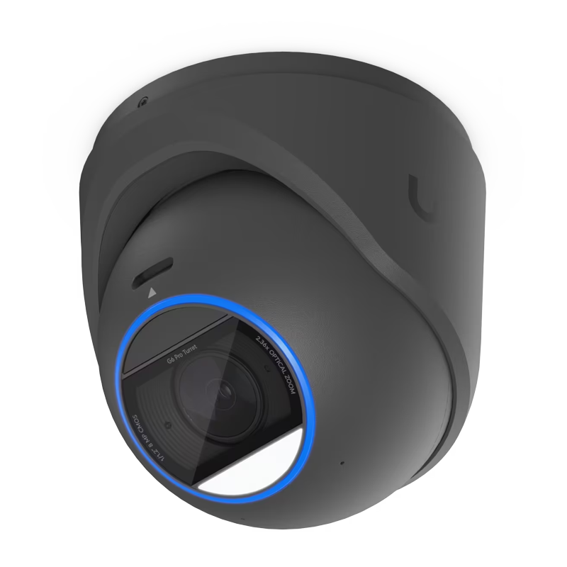 Ubiquiti UniFi G6 Pro Turret Black All-weather tamper-resistant 4K PoE+ camera with a Multi-TOPS AI engine, 2.36x optical zoom