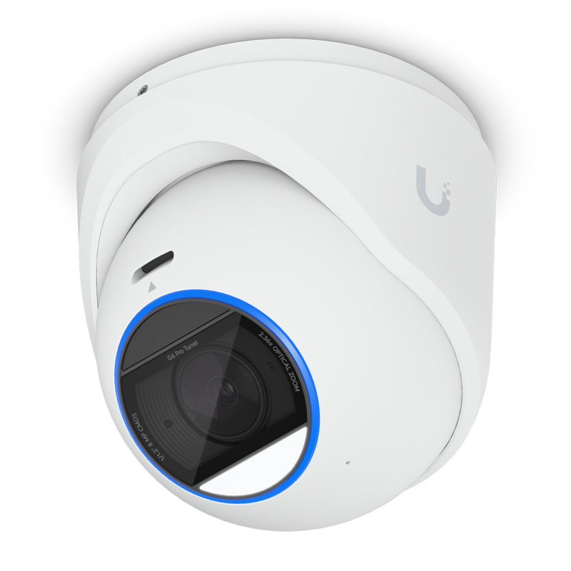 Ubiquiti UniFi G6 Pro Turret White All-weather tamper-resistant 4K PoE+ camera with a Multi-TOPS AI engine, 2.36x optical zoom
