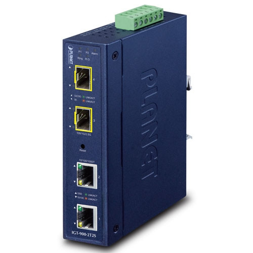 Planet IGT-900-2T2S IP30 Industrial 2-Port 10/100/1000T + 2-Port 100/1000/2500X SFP Full Managed Media Converter (-40 to 75 C, dual redundant power input on 9~48VDC terminal block, ERPS Ring, 1588, Modbus TCP, Cybersecurity features, IPv4/IPv6 Static Planet — view 2