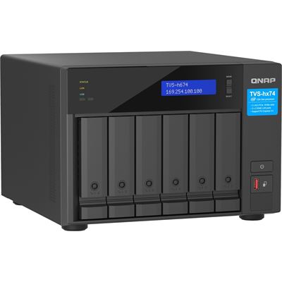 QNAP TVS-h674-i3-16G 6-bay QuTS hero NAS, Intel® Core i3-12100 4-core/8-thread, up to 4.3GHz, 16GB SO-DIMM  DDR4(max.128GB), 6 x 2.5"/3.5" SATA HDD/SSD, 2 x 2.5GbE, 2x M.2 PCIe Gen4 x4 slots, PCIe Gen4 slots, HDMI 1.4b, 250W PSU QNAP — view 2
