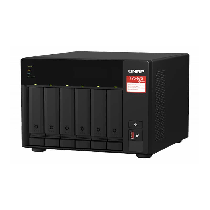 QNAP TVS-675-8G 6-bay NAS, Zhaoxin KX-U6580 8C/8T 2.5GHz, 8GB DDR4 RAM (2 x SODIMM slots, max. 64GB), 6x SATA 6Gb/s bays, 2x M.2 NVMe SATA/PCIe Gen3 SSD slots, 2 x 2.5GbE LAN, optional 10GbE, 2x PCIe 3.0 x 4 slots, USB 3.2 Gen2 Type-A & USB 3.2 Gen1 QNAP — view 2