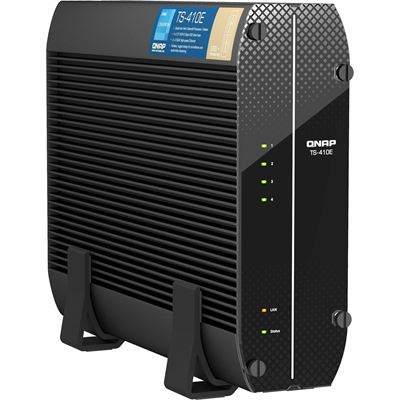QNAP TS-410E-8G 4-bay Tower NAS ; Intel Celeron J6412 quad-core, onboard 8GB RAM (not expandable), 4 x 2.5-inch SATA slots, 2 x 2.5GbE, 1 x HDMI 1.4b, 4 x USB 3.2 Gen2 Type-A QNAP — view 2